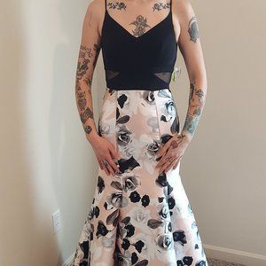 Windsor Black Top with Mesh Midriff Floral Pink and Tulle Train Full Skirt Dress